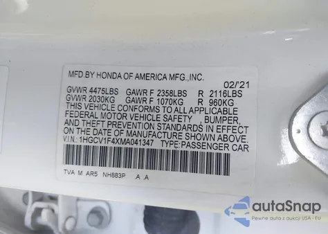 2021 Honda Accord Sport Se из США, поврежденный, VIN 1HGCV1F4XMA041347